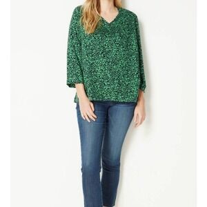 J. Jill Women's Size-XL Green Black Leaf Print Tunic Soft Blouse